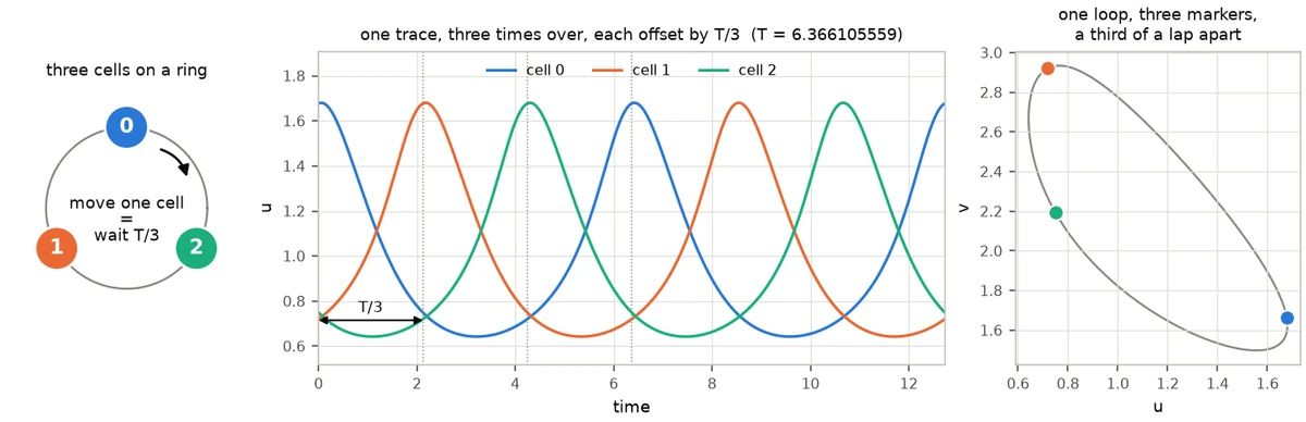 Three panels. Left: three coloured discs labelled 0, 1 and 2 on a circle, with a curved arrow and the caption move one cell equals wait T over 3. Middle: three time traces of u, identical in shape, each shifted a third of a period from the last, with dotted lines at the thirds and an arrow marking the offset. Right: a single closed loop in the u-v plane with three coloured dots spaced round it.