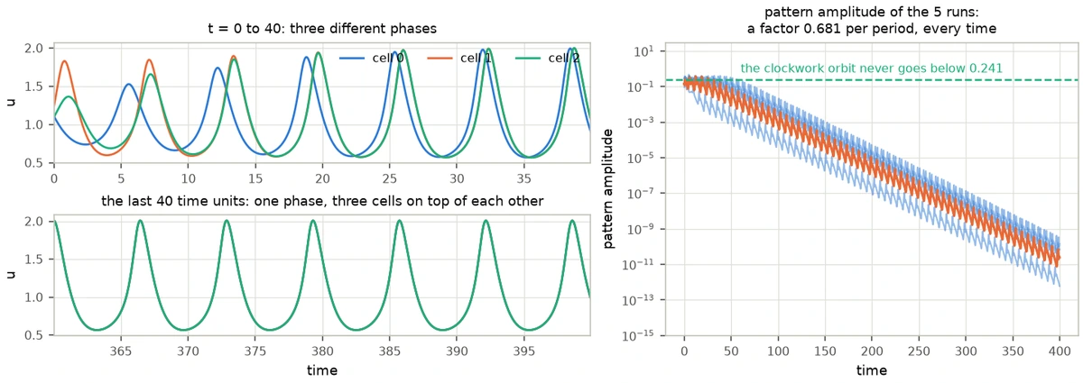 Three panels. Top left: the first forty time units of three traces, clearly out of phase. Bottom left: the last forty time units, the three traces exactly on top of one another. Right: a logarithmic plot of pattern amplitude against time for five runs, all straight lines falling from about 0.2 to about 1e-11, with a dashed horizontal line high above them marking where the clockwork orbit sits.