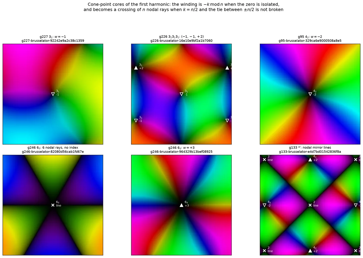Six panels of phase-as-hue close-ups around rotation centres, each labelled with a group, a centre type and a winding: a threefold centre with winding −1, a trio with −1, −1 and +2, a fourfold centre with −2, a sixfold centre resolved as six nodal rays with no index, the same symbol with winding +3, and a panel of crossing nodal lines.